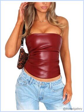 Faux Leather Tube Top Strapless Ruched Zip Up Bandeau Crop Top
